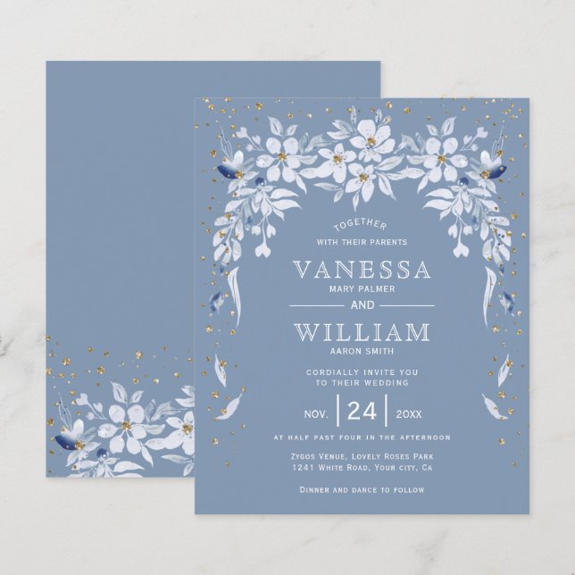 Lámina Invitación a la boda floral azul polvorienta BUDGE (Anverso / Reverso)