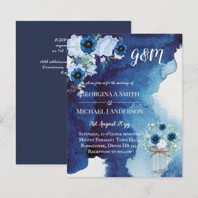 Lámina Invitación a la boda floral azul turquesa (Anverso / Reverso)