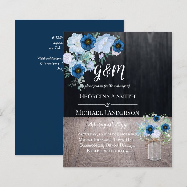 Lámina Invitación a la boda floral azul turquesa (Anverso / Reverso)