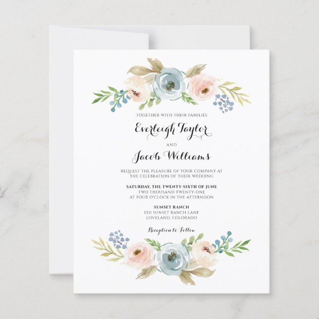 Lámina Invitación a la boda floral azul y agitada del pre (Anverso)