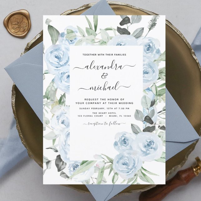 Lámina Invitación a la boda floral azul y agitada del pre (Subido por el creador)