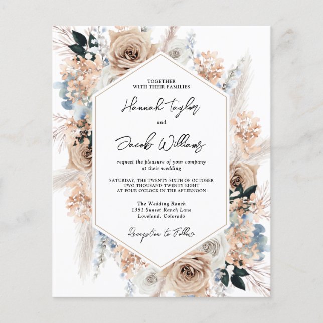 Lámina Invitación a la boda floral beige azul turquesa (Anverso)