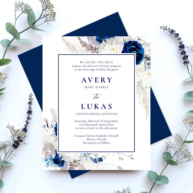 Lámina Invitación a la boda floral blanca y azul de presu (Subido por el creador)