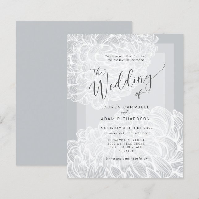 Lámina Invitación a la boda floral blanca y gris (Anverso / Reverso)