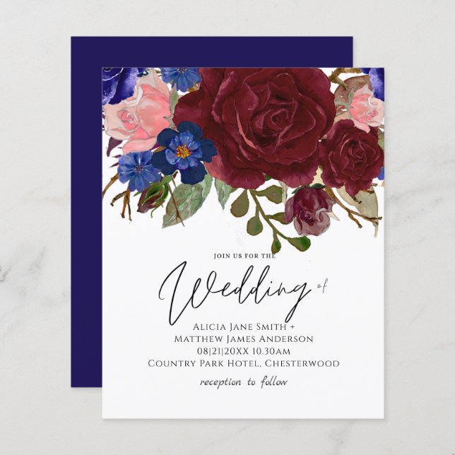 Lámina Invitación a la boda floral borgoñona con eleganci (Anverso / Reverso)