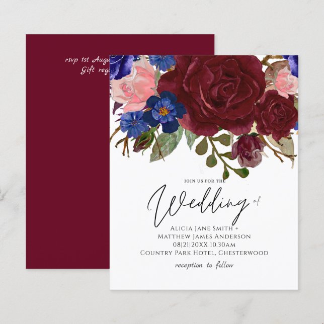 Lámina Invitación a la boda floral borgoñona con eleganci (Anverso / Reverso)