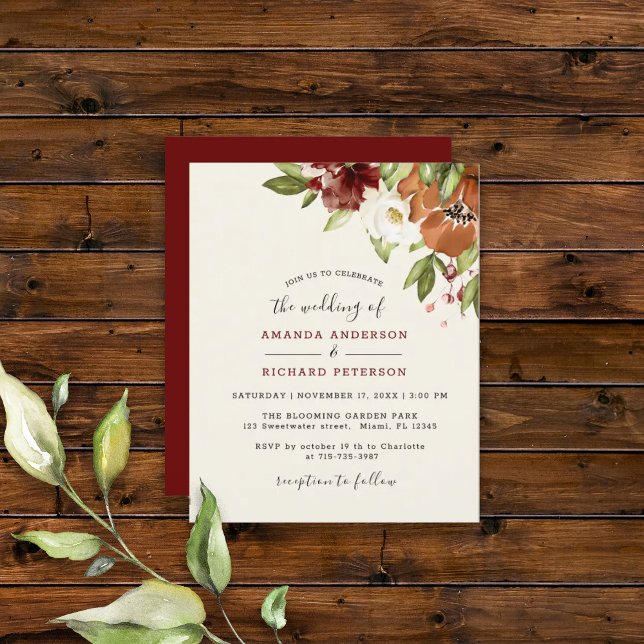 Lámina Invitación a la boda floral borgoñona de otoño con (Subido por el creador)