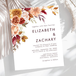 Lámina Invitación a la boda floral borgoñona de otoño con