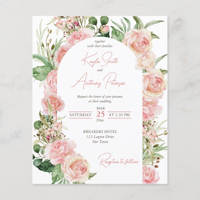 Lámina Invitación a la boda floral con arco de rosa rosa  (Anverso)