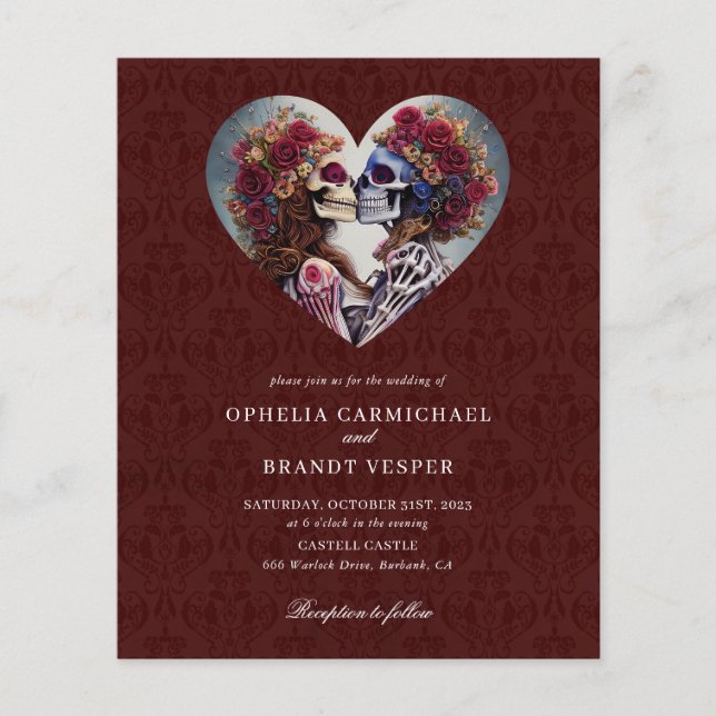 Lámina Invitación a la boda floral con esqueletos góticos (Anverso)