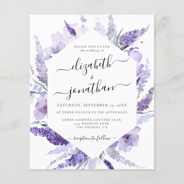 Lámina Invitación a la boda floral con flores de lavanda (Anverso)