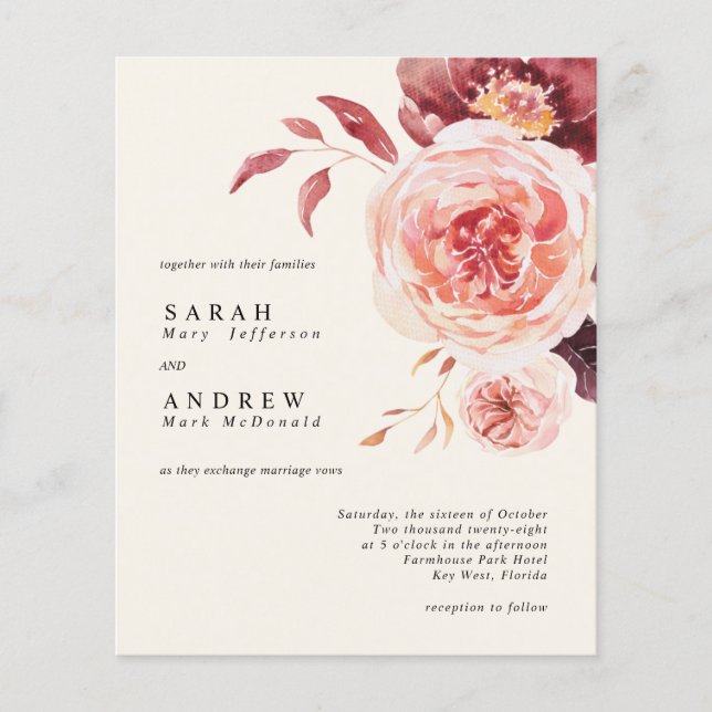 Lámina Invitación a la boda floral de acuarela de otoño d (Anverso)
