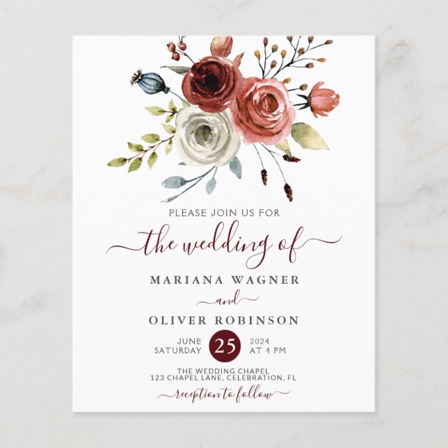 Lámina Invitación a la boda floral de acuarela de otoño d (Anverso)