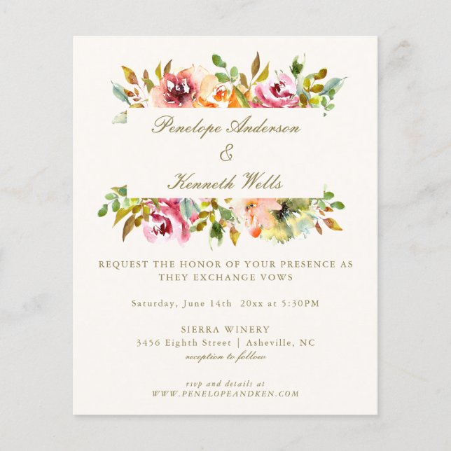 Lámina Invitación a la boda floral de acuarela rústica de (Anverso)