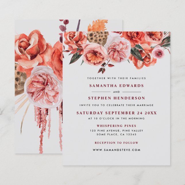 Lámina Invitación a la boda floral de acuarela rústica de (Anverso / Reverso)