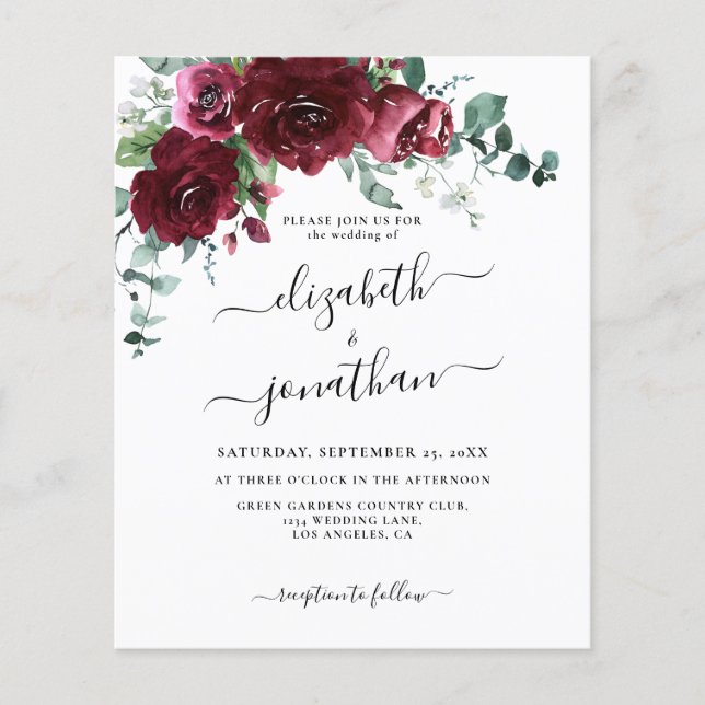 Lámina Invitación a la Boda Floral de Borgoña Marsala (Anverso)