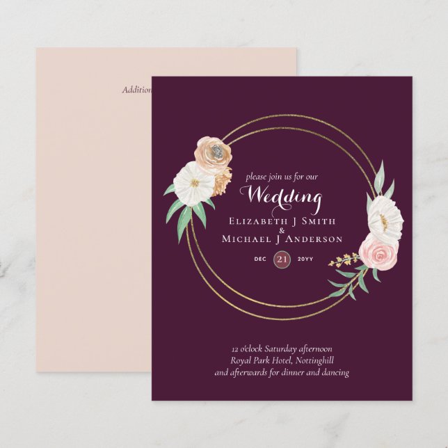 Lámina Invitación a la boda floral de ciruela y coral (Anverso / Reverso)