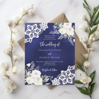 Invitación a la boda floral de encaje blanco azul 