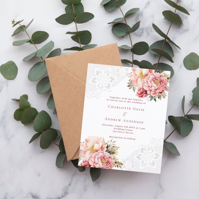 Lámina Invitación a la boda floral de encaje dorado rosa  (Subido por el creador)