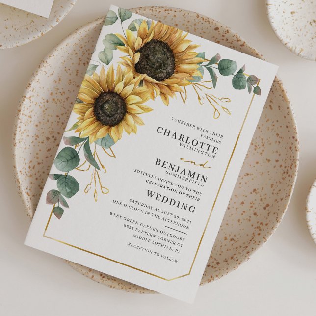 Lámina Invitación a la boda floral de eucalipto de giraso (Sunflower Eucalyptus Typography Botanical Wedding Invitation)