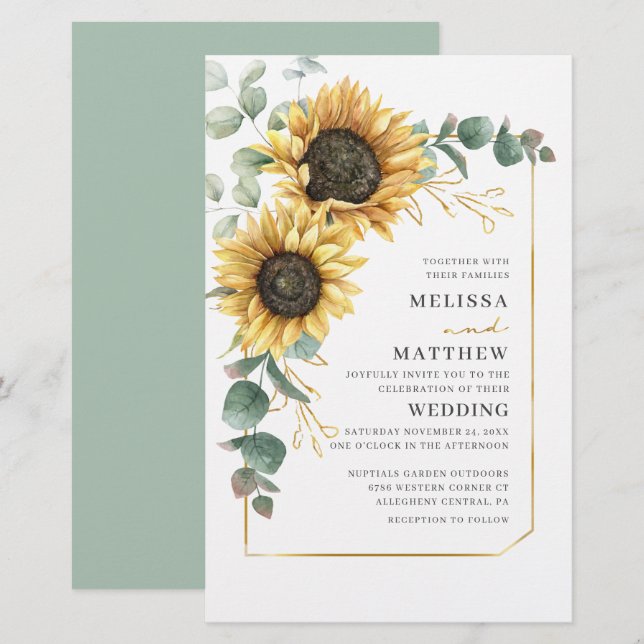Lámina Invitación a la boda floral de girasol con presupu (Anverso / Reverso)