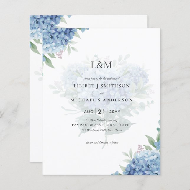 Lámina Invitación a la boda floral de Hydrangea azul mode (Anverso / Reverso)