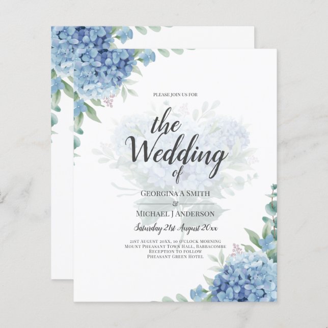 Lámina Invitación a la boda floral de Hydrangea azul mode (Anverso / Reverso)