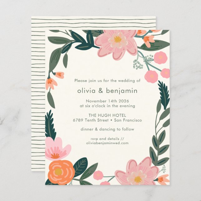 Lámina Invitación a la boda floral de jardín trasero rosa (Anverso / Reverso)