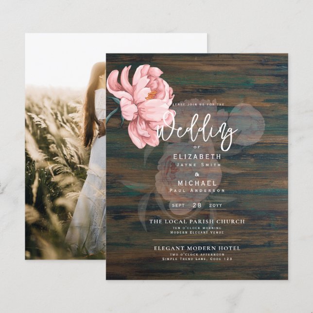 Lámina Invitación a la boda floral de jóvenes rosados de  (Anverso / Reverso)