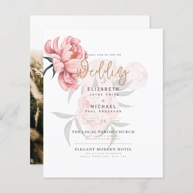Lámina Invitación a la boda floral de jóvenes rosados de  (Anverso / Reverso)