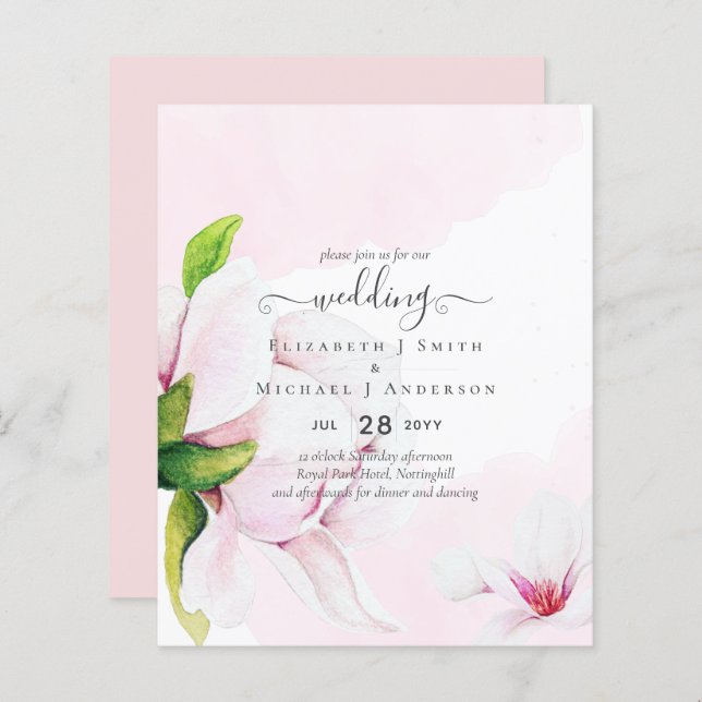 Lámina Invitación a la boda floral de la Magnolias rosa d (Anverso / Reverso)