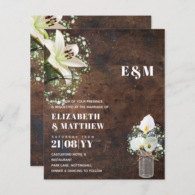 Lámina Invitación a la boda floral de LeahG Rustic Calla  (Anverso / Reverso)