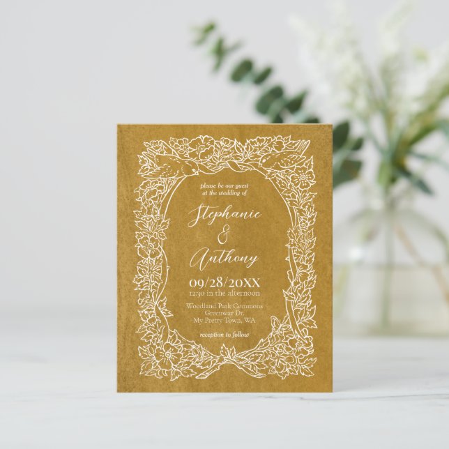 Lámina Invitación a la boda floral de oro amarillo con pr (Anverso de pie)