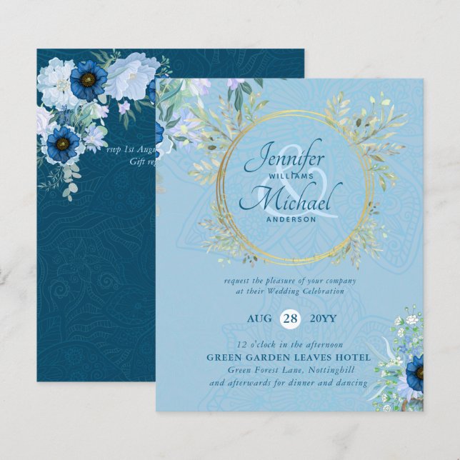 Lámina Invitación a la boda floral de oro azul turquesa (Anverso / Reverso)
