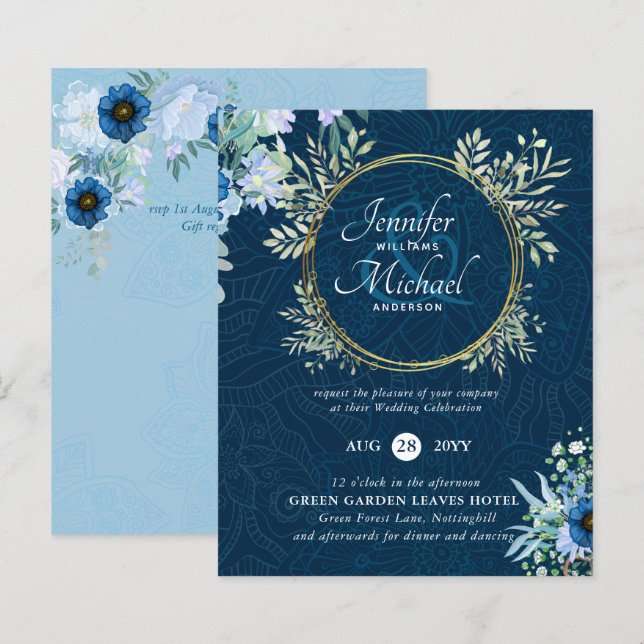 Lámina Invitación a la boda floral de oro azul turquesa (Anverso / Reverso)