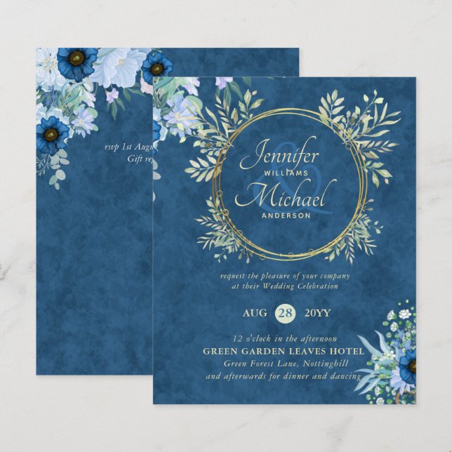 Lámina Invitación a la boda floral de oro azul turquesa (Anverso / Reverso)
