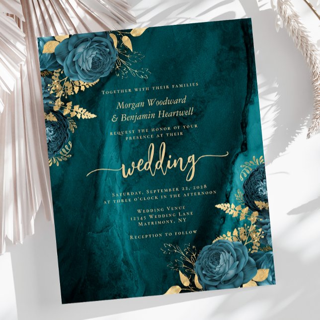 Lámina Invitación a la boda floral de oro azul Verde azul (Subido por el creador)