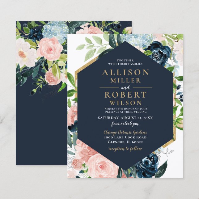 Lámina Invitación a la boda floral de oro de la Marina de (Anverso / Reverso)