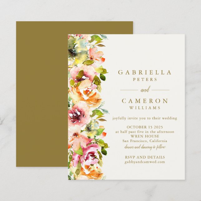 Lámina Invitación a la boda floral de oro ruidosa y borgo (Anverso / Reverso)