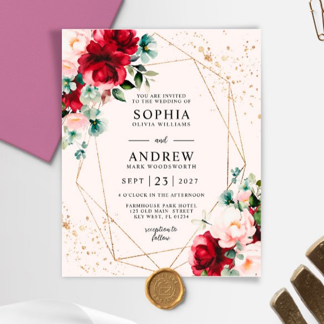 Lámina Invitación a la boda floral de oro y rosa roja de  (Subido por el creador)