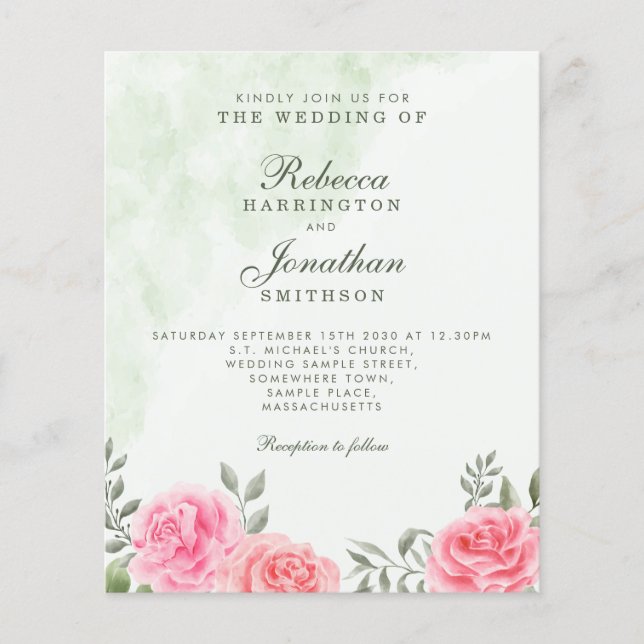 Lámina Invitación a la boda floral de Rosa verde rosado c (Anverso)
