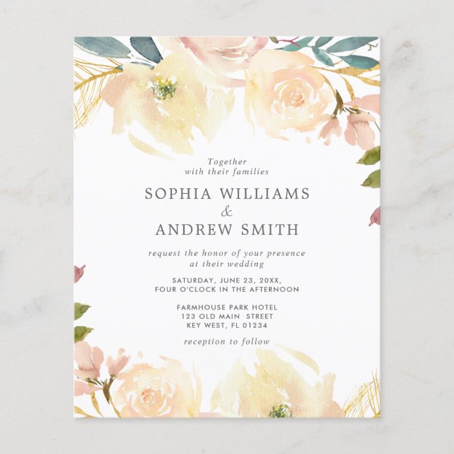 Lámina Invitación a la boda floral de rosas amarillas (Anverso)