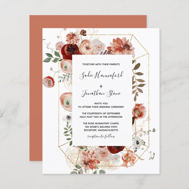 Lámina Invitación a la boda floral de Terracota Rosada Pr (Anverso / Reverso)