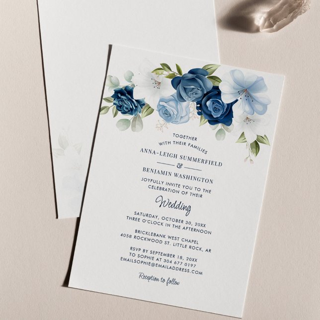 Lámina Invitación a la boda floral de un presupuesto azul (Dusty Blue Floral Watercolor Wedding Invitation)