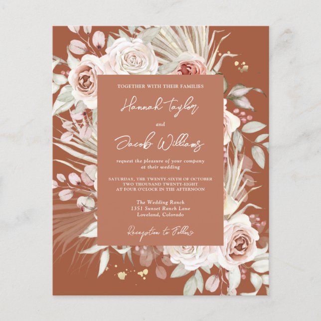 Lámina Invitación a la boda floral del Boho de Terracotta (Anverso)