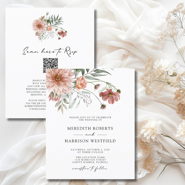 Lámina Invitación a la boda floral del Boho de Terracotta (Budget Boho Terracotta Floral Fall All in One Double Sided Wedding Invitation-5)