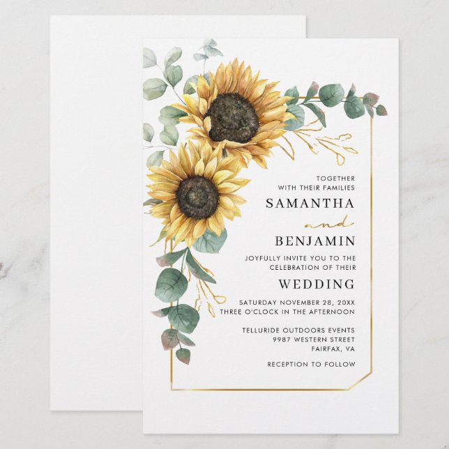 Lámina Invitación a la boda floral del girasol Eucalyptus (Anverso / Reverso)