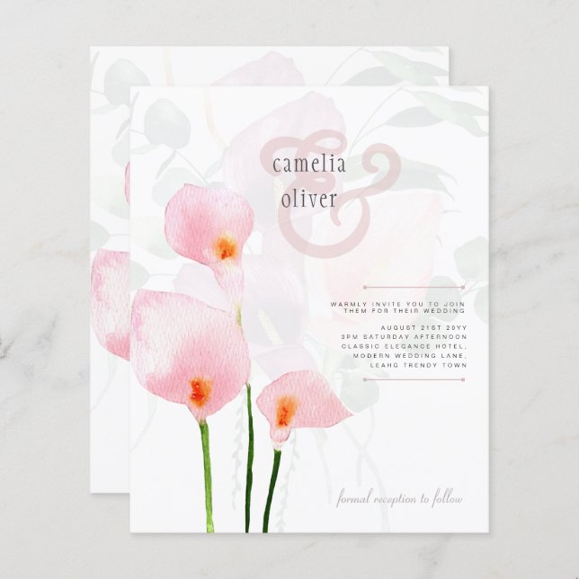 Lámina Invitación a la boda floral LeahG Pink Calla Lily (Anverso / Reverso)