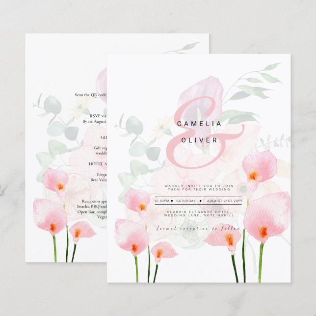Lámina Invitación a la boda floral LeahG Pink Calla Lily (Anverso / Reverso)