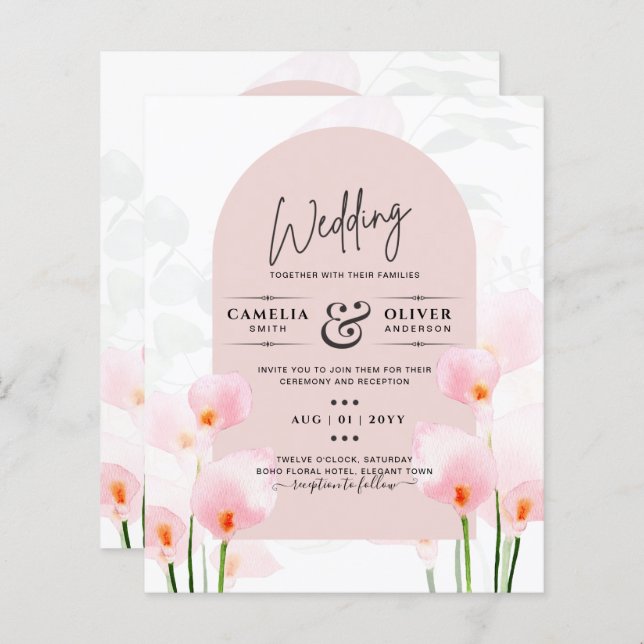Lámina Invitación a la boda floral LeahG Pink Calla Lily (Anverso / Reverso)